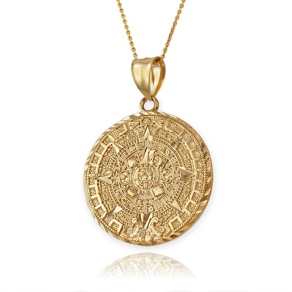 Gold Aztec Mayan Calendar Pendant Necklace